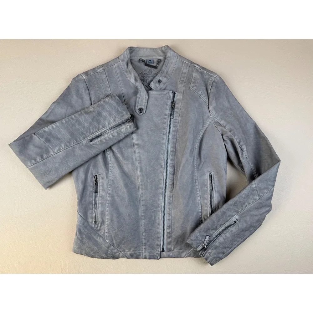 Edgy Moto Jacket‎ Distressed Grey Faux Leather Medium Joujou